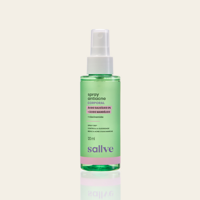 Spray Antiacne Corporal Sallve 120ml – frasco spray com ácido salicílico 2%, ácido mandélico e niacinamida